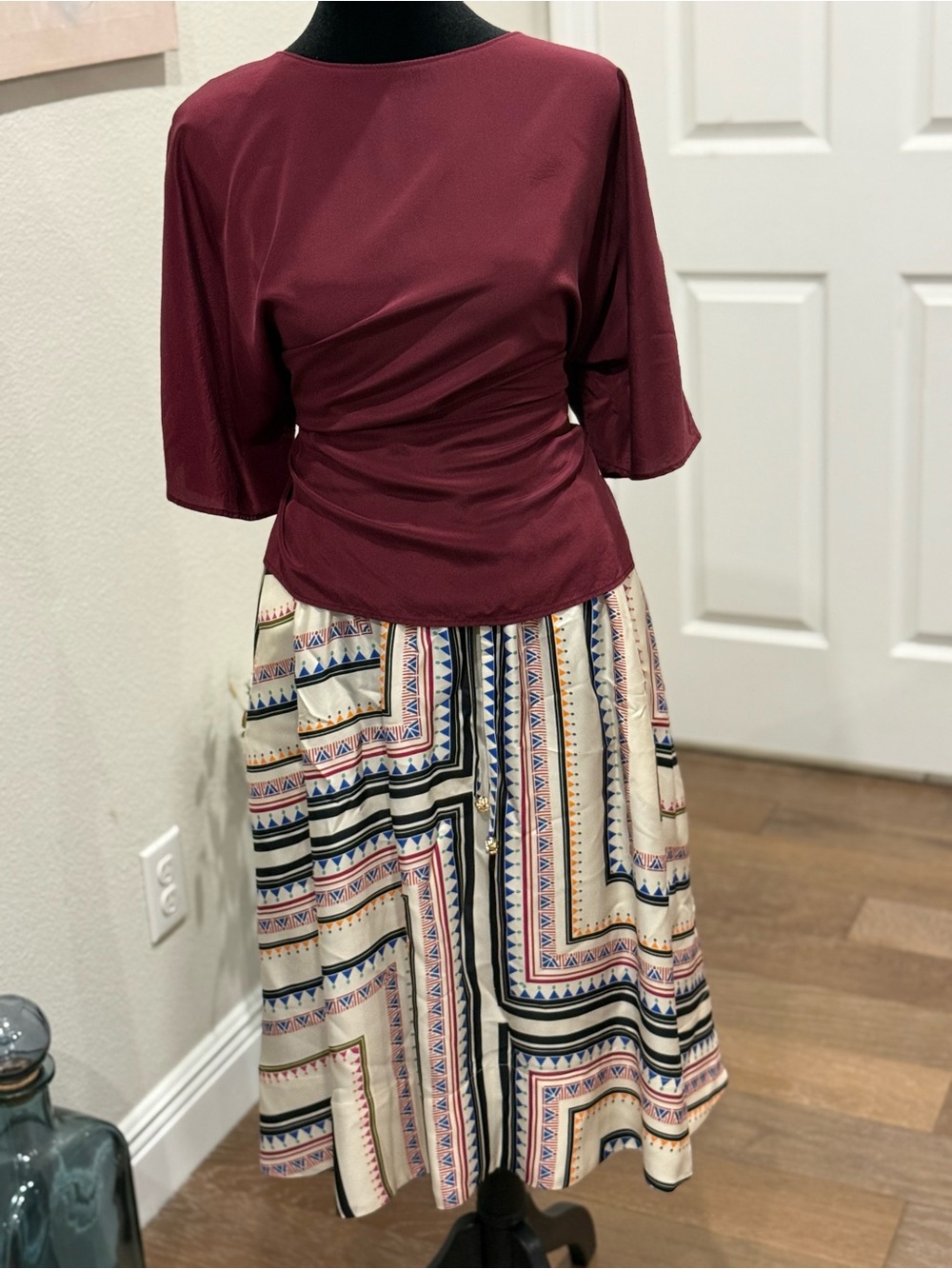 Johnny Was Zadie Cream A Line Midi Skirt with Multicolor Silk Rayon Blend